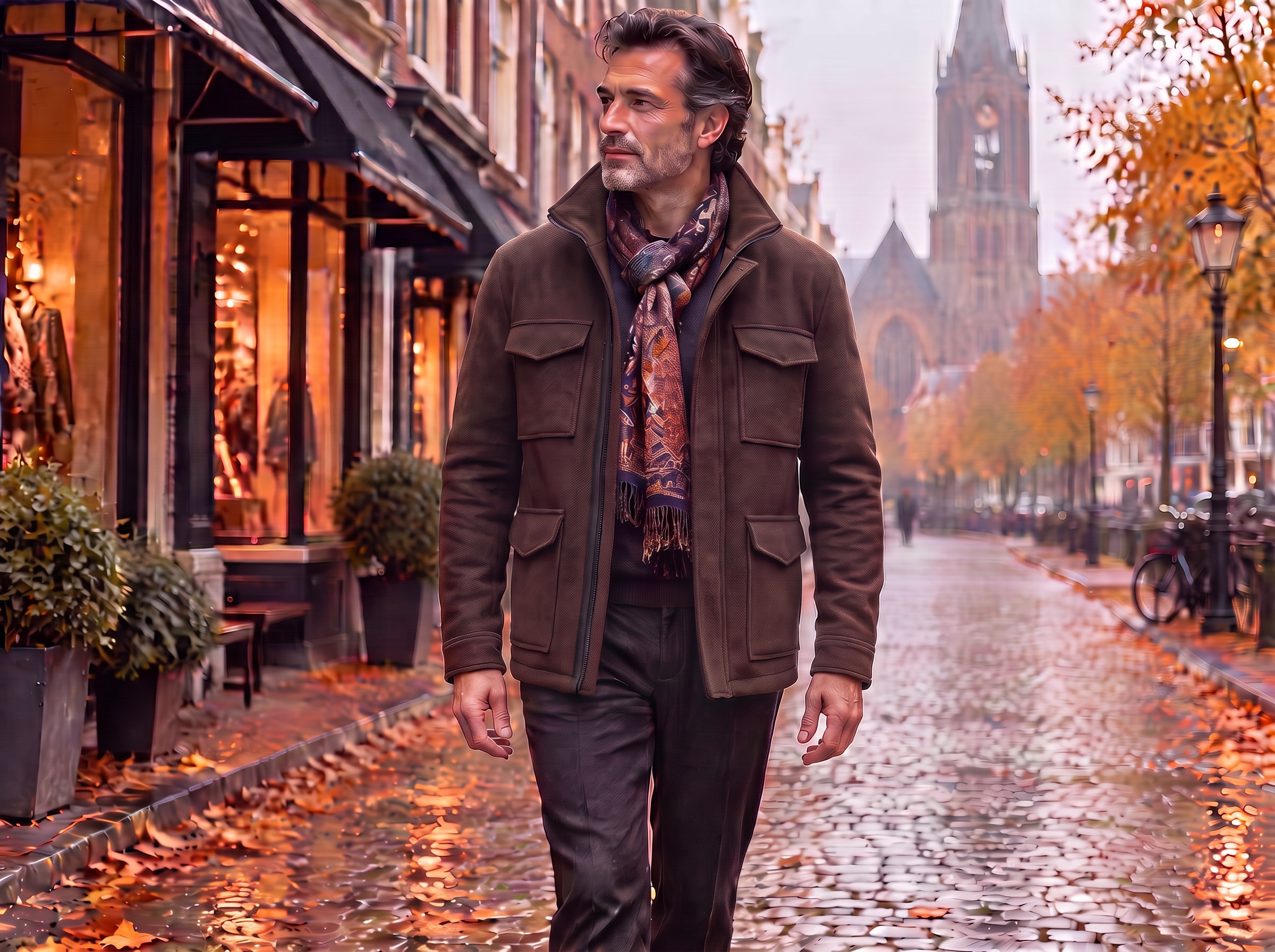 Heer in bruine wollen zip-jas met paisley shawl op een met herfstbladeren bedekte winkelstraat