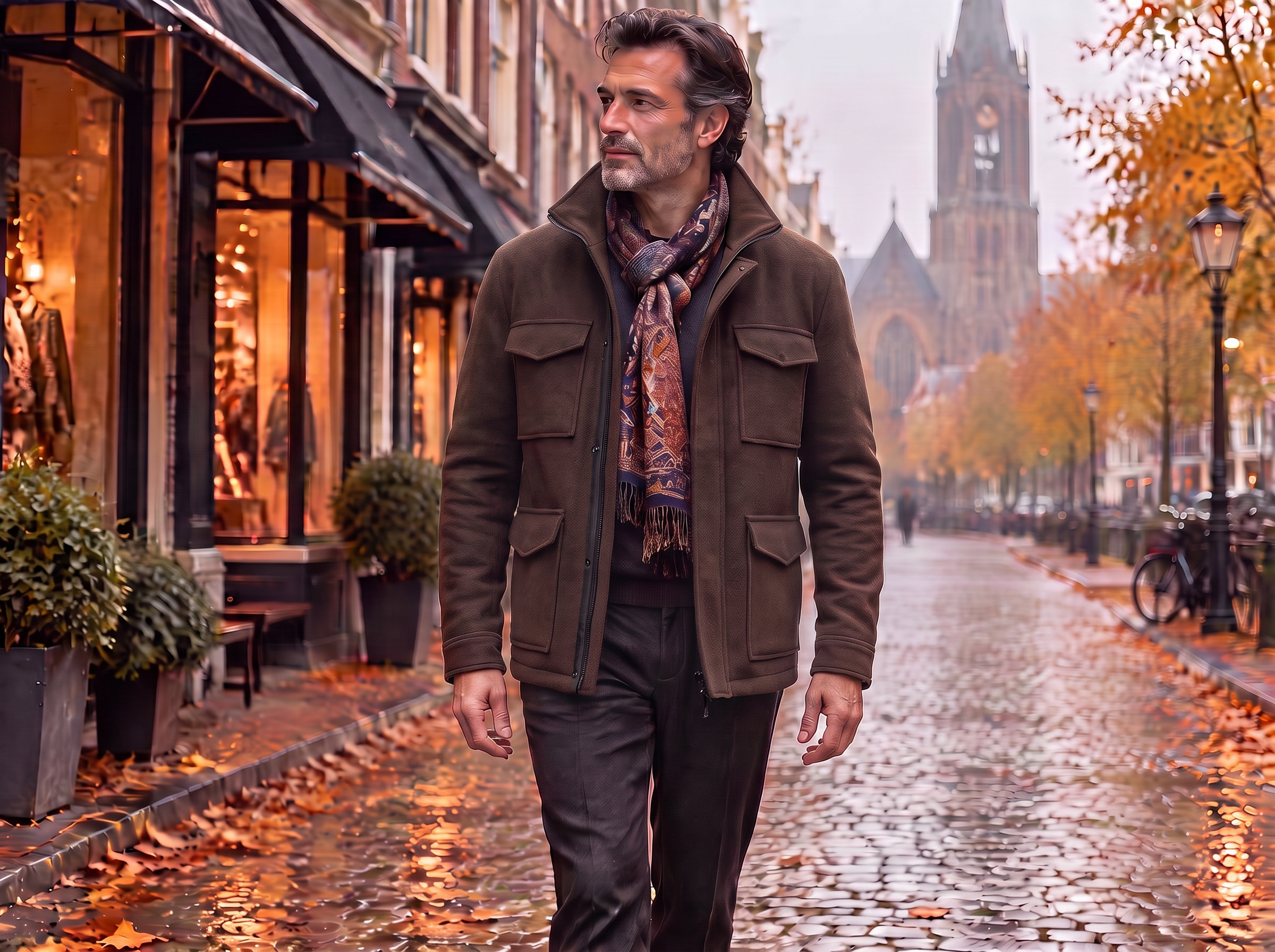 Heer in bruine wollen zip-jas met paisley shawl op een met herfstbladeren bedekte winkelstraat
